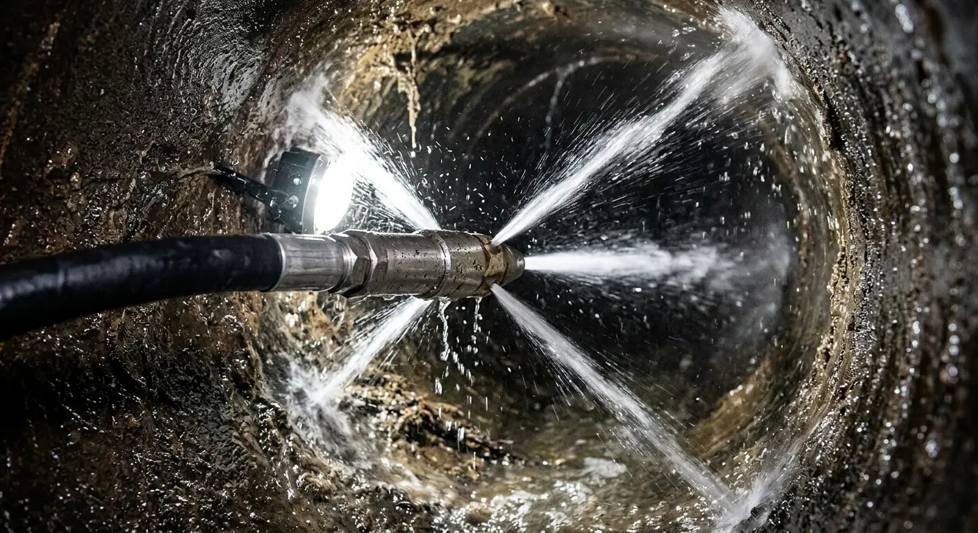 High-pressure hydro jetting nozzle cleaning sewer pipe for Trenchless Sewer Repair in Madeira