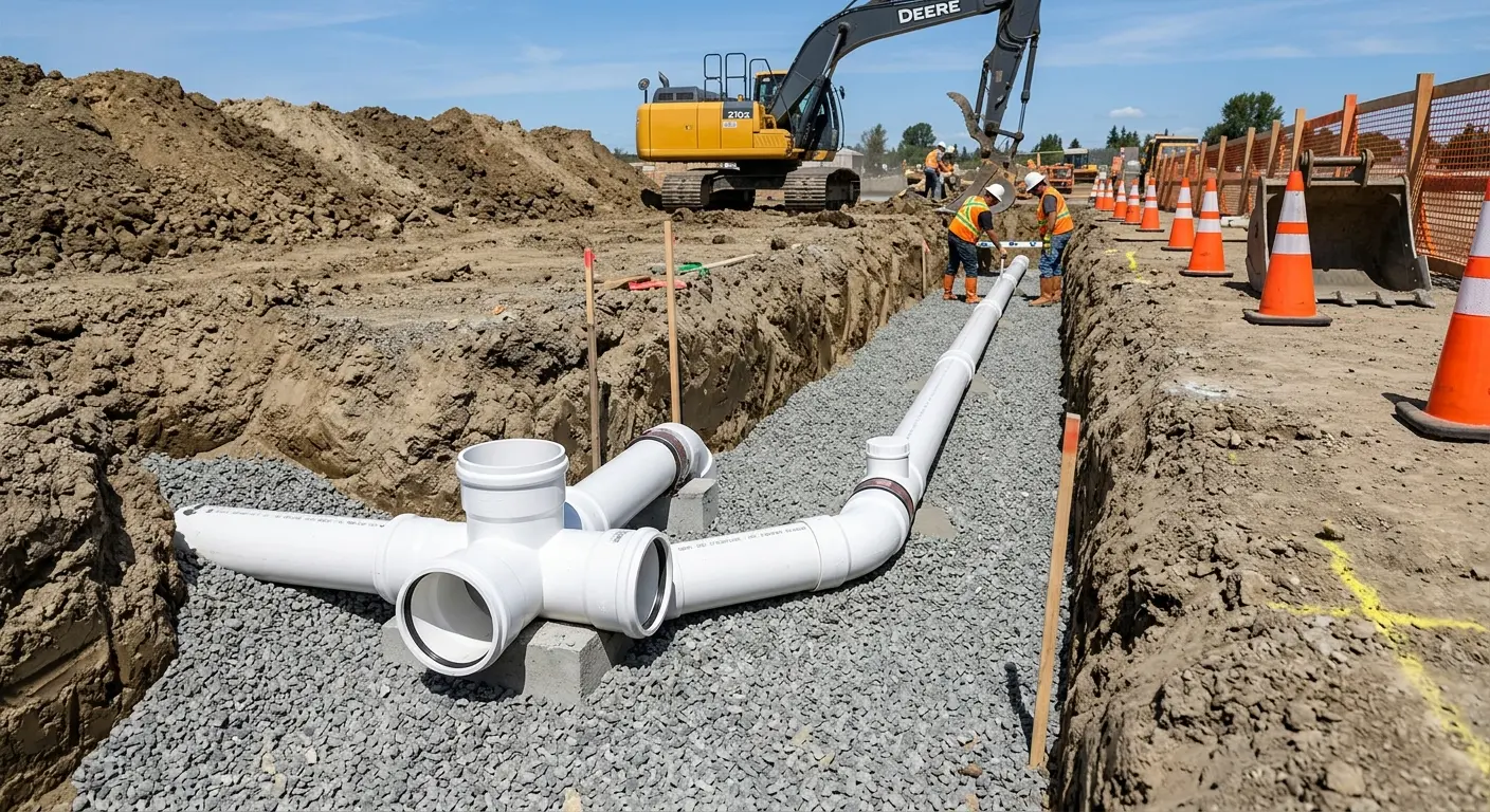 New PVC sewer pipe installation in open trench for Sewer Backup in Madeira