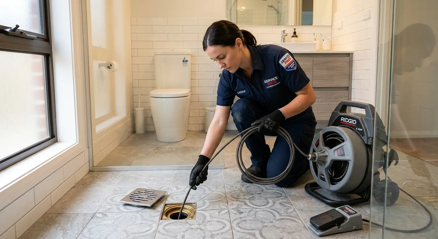 Technician clearing a bathroom floor drain for Sewer Line Replacement in Madeira
